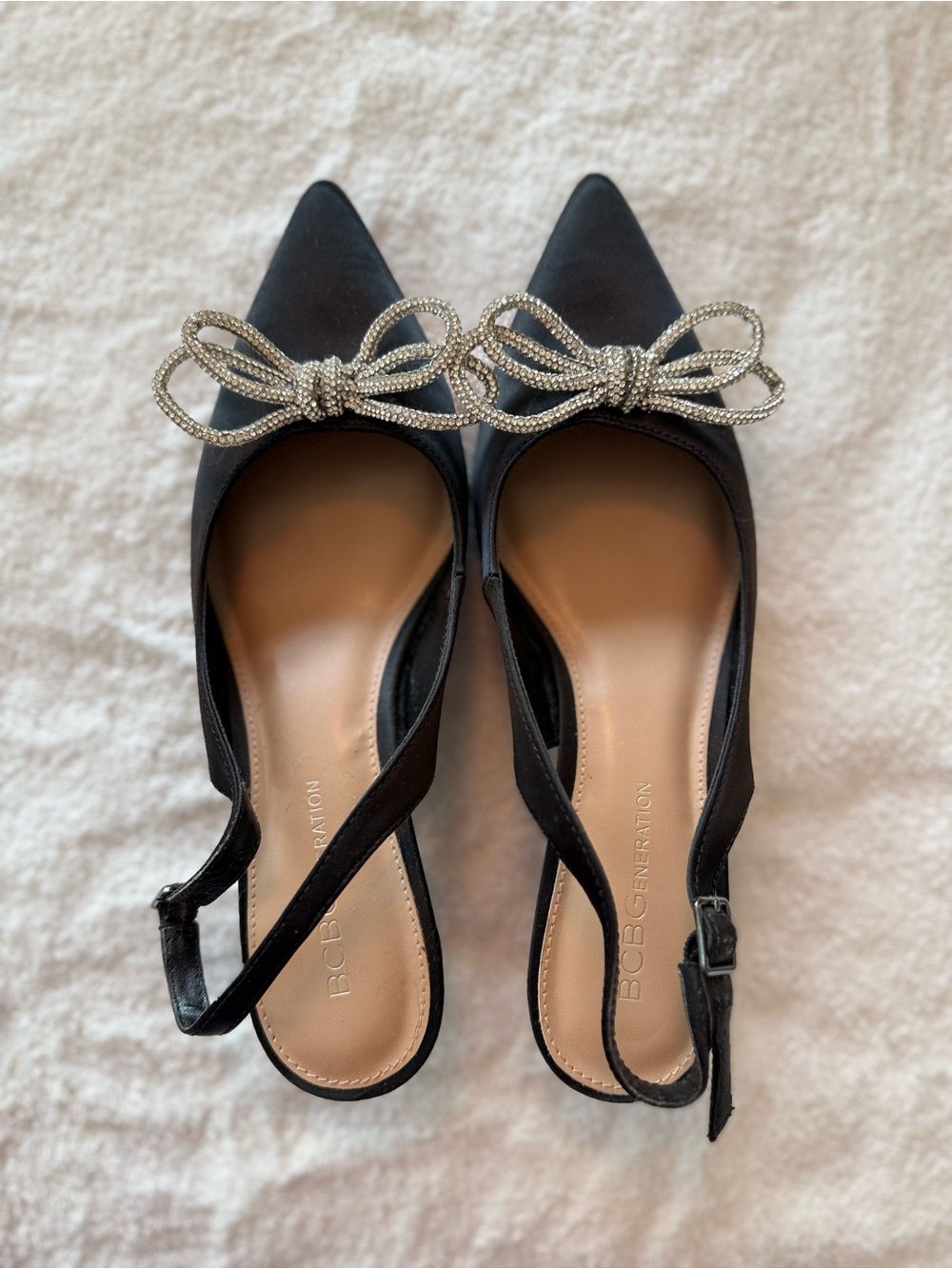 BCBGeneration Black Pointed Slingback Flats with Crystal Bow Accent